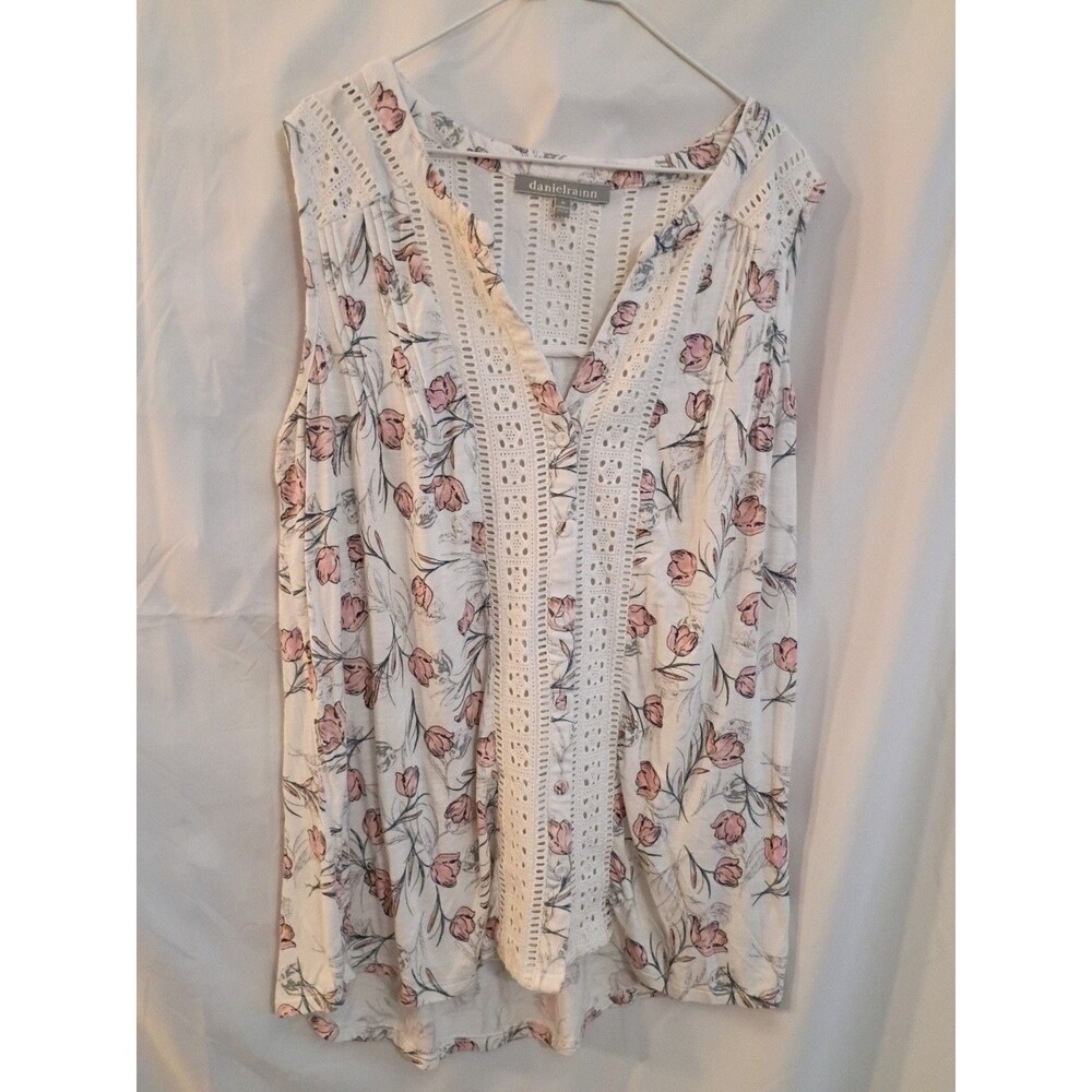 Daniel Rainn Floral Lace Trim V-Neck Tank Top Size M White Pink